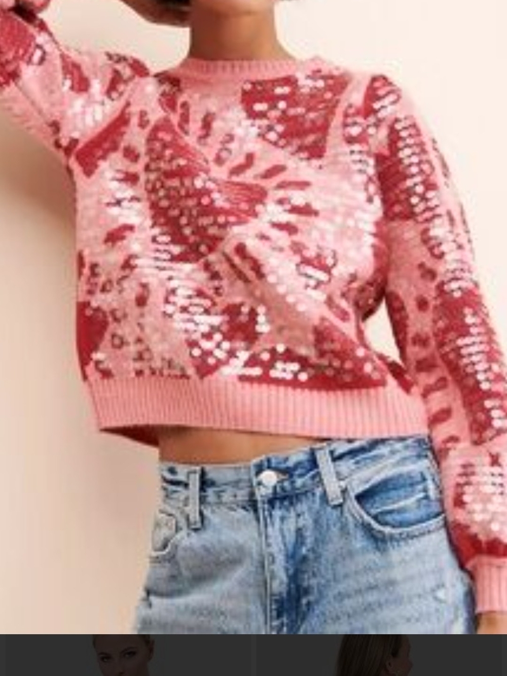 FARM Rio Pink Sequin-Patterned Crewneck Sweater